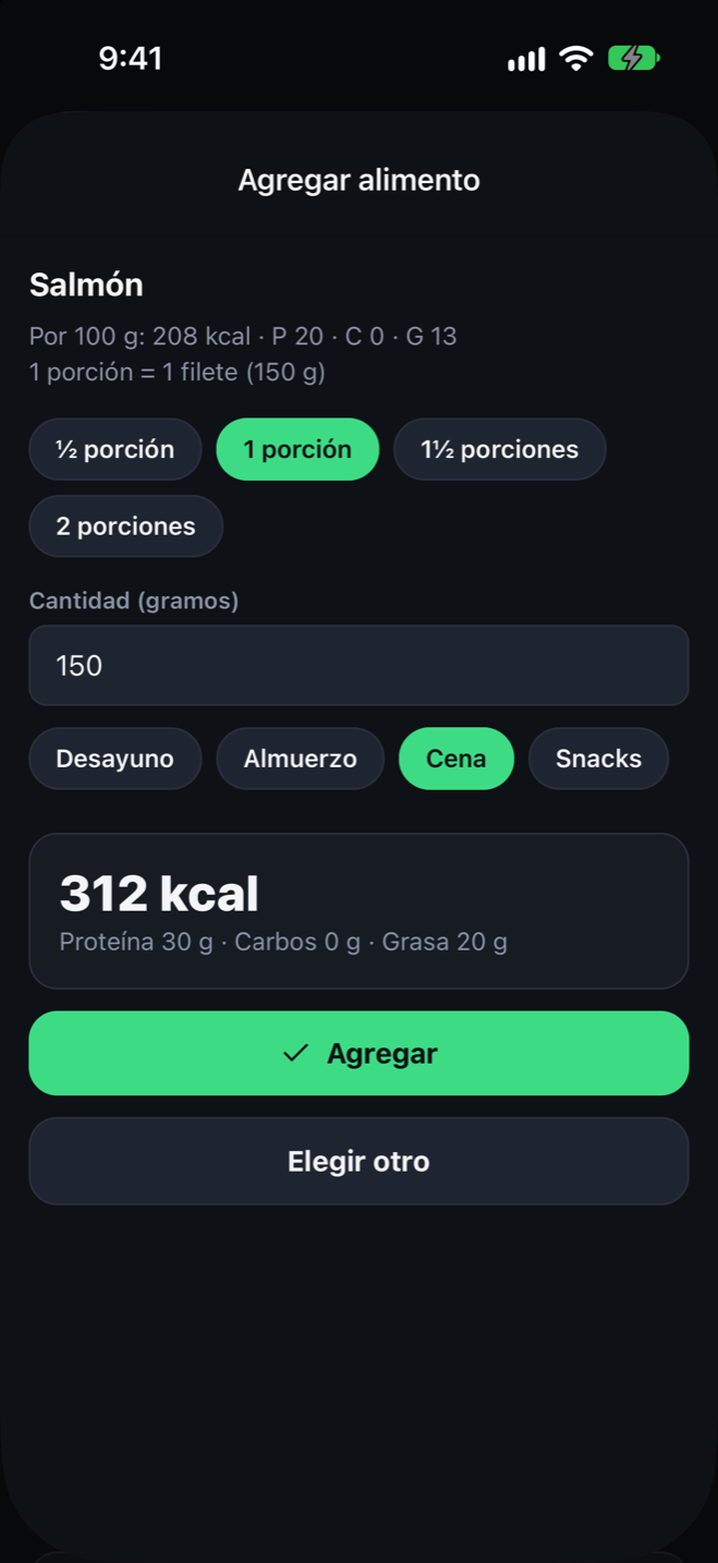 Agregar alimento con porciones