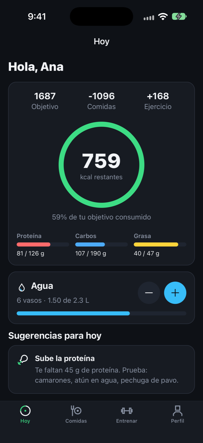Pantalla Hoy de FitControl con calorías restantes, macros y agua